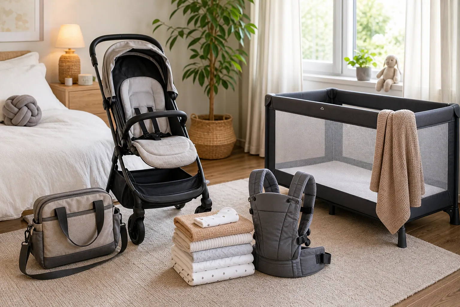 Organized baby travel essentials beside a stroller and diaper bag